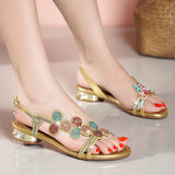 Plataz New Bohemian Fashion Sandals Women's Summer Leather Flat-Soled Beach Shoes Anti-Slip Crystal Women's Shoes High Quality Shoes