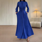 Plataz Women's Half-High Collar Lantern Sleeve Dress High-Waisted Knot Design Dress