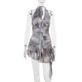 Plataz Mesh Printing Lotus Leaf Hanging Neck Dress Woman 2025 New Holiday Dress DJPT