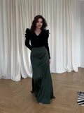 Plataz Autumn Fashion Temperament Velvet Splicing V-Neck Intellectual Belt Long Dress