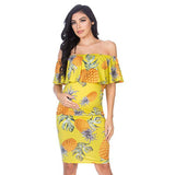 Plataz Women's Sleeveless Leaves Side Shoulder-To-Shoulder Skirts Knee-Jerk Trims Pregnant Women's Dress Maternity