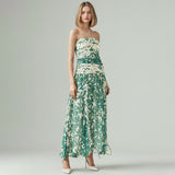 Plataz Holiday Style Dress 2025 Spring New Print Pressure Frills Light Mint Leaf Side Braid Dress Woman