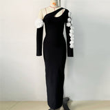 Plataz Hollow Oblique Shoulder Three-Dimensional Flower Long Sleeve Banded Dress Party Dinner Dress Dress