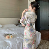 Plataz New French Waist-Covered Stamped Temperament Dress Long Sleeve V-Neck Spring Dress Women's Holiday Oil Painting Long Dress