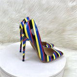 Plataz Color Striped High Heels 12CM Pointed Thin-Heeled Women's Shoes Banquet Shoes High Quality Shoes