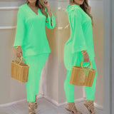 Plataz Explosion Color New Plain Horn Sleeve V Collar Top And Trousers Fashion Lady Set DJPT