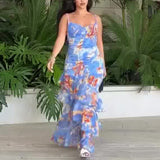 Plataz Women's Summer Sling V Tie Floral Skirt High Waist Slim Thin Lotus Leaf Dress