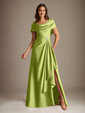 Plataz Scoop Floor-Length Stretch Satin Mother of the Bride Dress With Cascading HZ1007