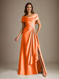 Plataz Scoop Floor-Length Stretch Satin Mother of the Bride Dress With Cascading HZ1007