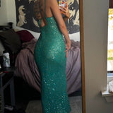 Vintage Turquoise Sheath Evening Gown Glittering Sequin Party Dress Long Formal Dress HZ1024