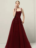 Plataz A line Straps Sequin Burgundy Long Party Dress Prom Dresses SD1503 HZ0628