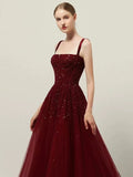Plataz A line Straps Sequin Burgundy Long Party Dress Prom Dresses SD1503 HZ0628