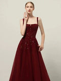 Plataz A line Straps Sequin Burgundy Long Party Dress Prom Dresses SD1503 HZ0628