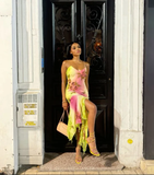 Plataz Green Gradient Beaded Spaghetti Strap Chiffon Long Ruffled Evening Dress Party Prom Dress HZ1007