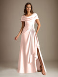 Plataz Scoop Floor-Length Stretch Satin Mother of the Bride Dress With Cascading HZ1007