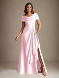 Plataz Scoop Floor-Length Stretch Satin Mother of the Bride Dress With Cascading HZ1007