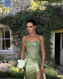 Plataz Mermaid Spaghetti Straps Sage Green Long Satin Prom Dresses Formal Evening Dress SD2416 HZ0628