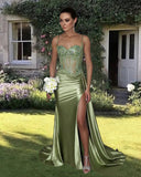 Plataz Mermaid Spaghetti Straps Sage Green Long Satin Prom Dresses Formal Evening Dress SD2416 HZ0628