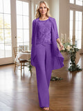 Plataz Jumpsuit/Pantsuit Scoop Floor-Length Chiffon Lace Mother of the Bride Dress With Beading HZ1007