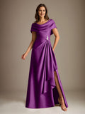 Plataz Scoop Floor-Length Stretch Satin Mother of the Bride Dress With Cascading HZ1007