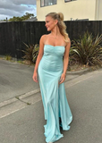 Elegant Satin Prom Dress Sheath Spaghetti Strap Evening Gown High Slit Party Dress Long Formal Dress HZ1024