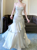 Elegant Gray Satin Prom Dress Mermaid Evening Gown Long Party Dress Spaghetti Strap Formal Dress HZ1024