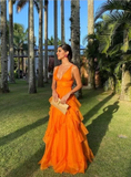 Elegant Orange V-neck Prom Dress A-Line Ruffles Evening Gown Chiffon Party Dress Wedding Guest Dress Long Formal Dress HZ1024