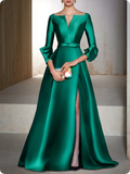 Elegant Satin Long-sleeve Prom Dress A-Line Evening Gown High Slit Party Dress Long Formal Dress HZ1024