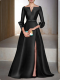 Elegant Satin Long-sleeve Prom Dress A-Line Evening Gown High Slit Party Dress Long Formal Dress HZ1024