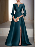 Elegant Satin Long-sleeve Prom Dress A-Line Evening Gown High Slit Party Dress Long Formal Dress HZ1024