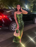 Elegant Green Spaghetti Strap Prom Dress Sheath Evening Gown High Slit Party Dress Long Formal Dress HZ1024