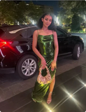 Elegant Green Spaghetti Strap Prom Dress Sheath Evening Gown High Slit Party Dress Long Formal Dress HZ1024