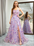 Elegant Floral Spaghetti Strap Prom Dress A-Line Applique Evening Gown High Slit Party Dress Long Formal Dress HZ1024