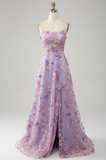Elegant Floral Spaghetti Strap Prom Dress A-Line Applique Evening Gown High Slit Party Dress Long Formal Dress HZ1024