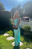 Elegant Aqua Satin Prom Dress Sheath Evening Gown Off-the-shoulder Party Dress Long Formal Dress HZ1024