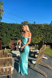 Elegant Aqua Satin Prom Dress Sheath Evening Gown Off-the-shoulder Party Dress Long Formal Dress HZ1024