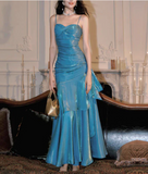 Elegant Blue Sweetheart Prom Dress Mermaid Evening Gown Spaghetti Strap Party Dress Long Formal Dress HZ1024