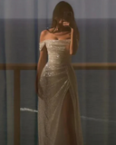 Elegant Shiny Off-the-shoulder Prom Dress Sheath Evening Gown High Slit Party Dress Long Formal Dress HZ1024