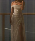 Elegant Shiny Off-the-shoulder Prom Dress Sheath Evening Gown High Slit Party Dress Long Formal Dress HZ1024