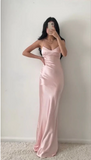 Elegant Pink Satin Prom Dress Sheath Evening Gown Backless Party Dress Long Formal Dress HZ1024