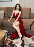 Elegant Sequin Sheath Prom Dress Spaghetti Strap Evening Gown High Slit Party Dress Long Formal Dress HZ1024