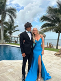 Elegant Blue Sheath Prom Dress Evening Gown High Slit Party Dress Long Formal Dress HZ1024