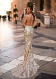 Elegant Sequin Prom Dress V-neck Sheath Evening Gown Spaghetti Strap Party Dress Long Formal Dress HZ1024