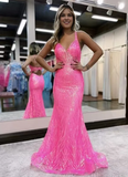 Elegant Sparkling Hot Pink Prom Dress V-neck Mermaid Evening Gown Party Dress Long Formal Dress HZ1024