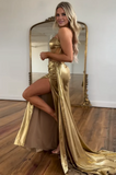 Elegant Golden Strapless Prom Dress Sheath Evening Gown Satin High Slit Party Dress Long Formal Dress HZ1024