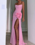Elegant Pink Strapless Prom Dress Sheath 3D Flower Evening Gown Chiffon High Slit Party Dress Long Formal Dress HZ1024