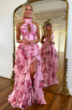 Elegant Pink Floral Prom Dress Halter-neck Evening Gown Chiffon High Slit Party Dress Long Formal Dress HZ1024