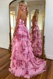 Elegant Pink Floral Prom Dress Halter-neck Evening Gown Chiffon High Slit Party Dress Long Formal Dress HZ1024