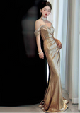 Elegant Golden Mermaid Prom Dress Off-the-shoulder Evening Gown Party Dress Long Formal Dress HZ1024