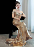 Elegant Golden Mermaid Prom Dress Off-the-shoulder Evening Gown Party Dress Long Formal Dress HZ1024